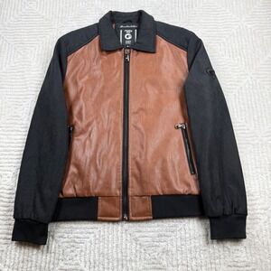 Fried Denim Jacket Men's M Faux Leather Bomber Brown Black Urban Biker Edgy Moto